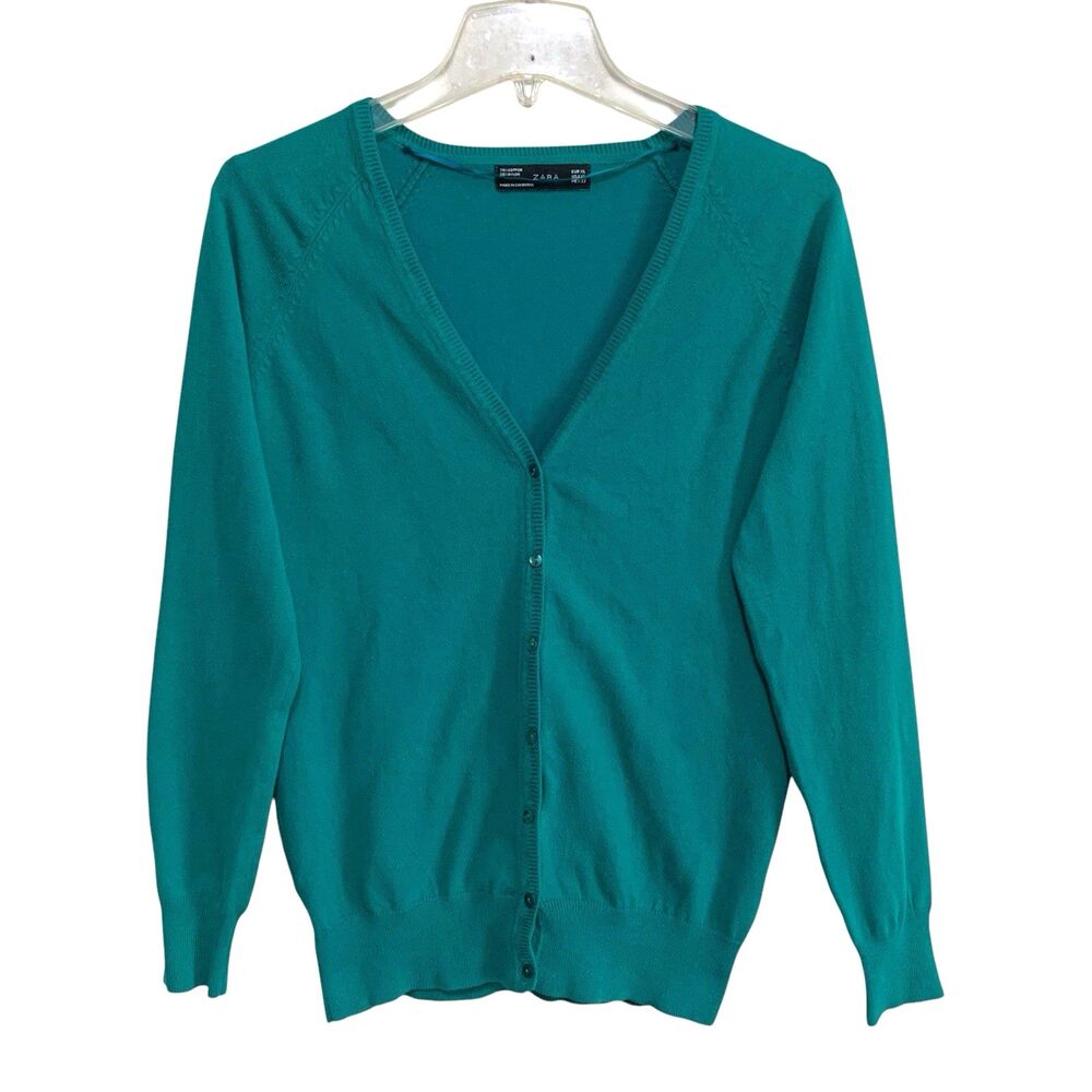Zara Cardigan Sweater Women's Size XL Teal Green Long Sleeve Button-Up Knit